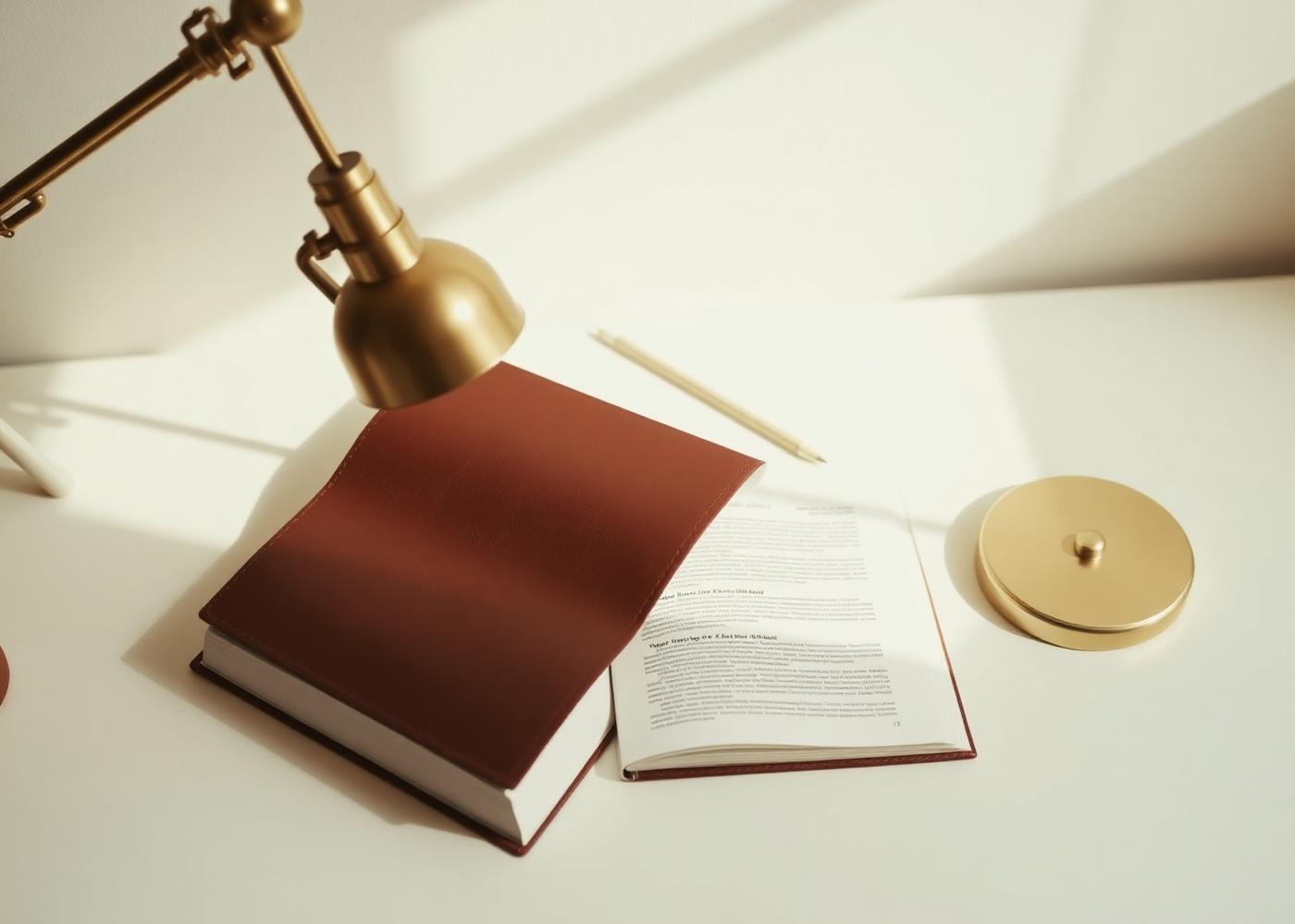 An open law book on a writing desk under brass lamp light
